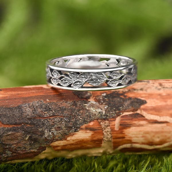 Leaf matching mens wedding nature inspired band or engagement sterling silver twig ring for him: best friend, boyfriend, anniversary gift