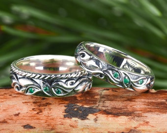 Silver emerald ring set, Leaf and vine wedding band set, Unique promise  ring couple, 925 Sterling silver boho ring set