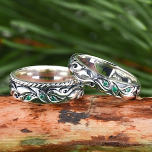 Silver Emerald Ring Set Leaf and Vine Wedding Band Set Unique Promise Ring Couple 925 Sterling Silver Boho Ring Set Etsy