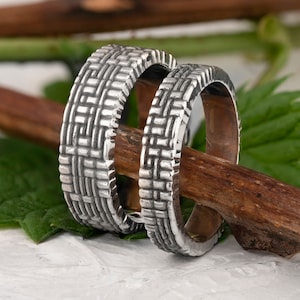 Unusual wedding rings set, male wedding bands sterling silver mens black textured wedding band geek wedding ring