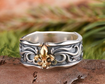 Sterling Silver Norse Inspired Viking Wedding Band - Scandinavian Style Gold and Silver Mixed Metal Statement Men Ring -  Fleur De Lis Ring