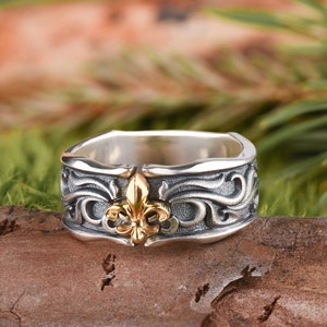 Banda de boda vikinga de inspiración nórdica de plata esterlina - Anillo de hombres de declaración de metal mixto de oro y plata de estilo escandinavo - Anillo Fleur De Lis