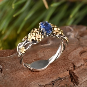 Sapphire flower engagement ring, Flower vine ring gold vermeil and sterling silver, Sapphire flower ring, Unique gift for her