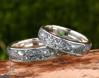 Rose petals couple ring set, Statement rings vintage style, Sterling silver oak leaf and rose petals ring set