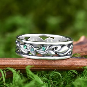 Statement gemstone ring, Elvish wedding band with emerald, Bohemian jewelry