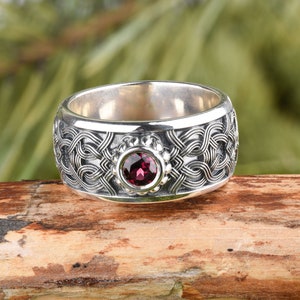 Norse ring for women, Celtic engagement ring, Nordic wedding wedding ring, Celtic knot garnet ring