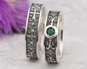 Natural Emerald Wedding Ring Set, Unusual Wedding Ring, Sterling Silver Wedding Ring, Womens and Mens Wedding Ring