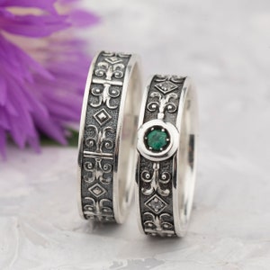 Natural Emerald Wedding Ring Set, Unusual Wedding Ring, Sterling Silver Wedding Ring, Womens and Mens Wedding Ring