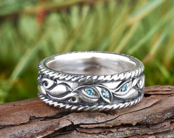Wedding ring silver women vintage. Blue topaz band ring.