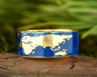 Personalized world map ring, Blue gold mens ring in 925 Sterling silver, Gold plated enamel ring, Engraved ring band for women