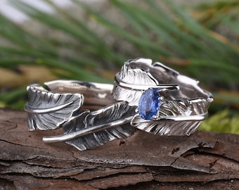 Feather Wedding Ring Sets For His and Hers, Boho rings Sterling Silver Rings For Women, Viking Raven Jewelry