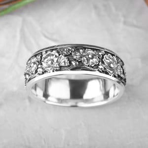 Silver Ring with Floral Flower Poppy Pattern Design - Custom Engraved Chunky Engagement Ring - Unique Alternative Wedding Band for Women