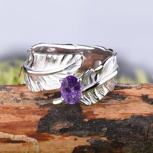 Sterling silver amethyst band ring, Oval gemstone engagement ring, Feather ring