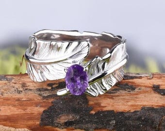 Sterling silver amethyst band ring, Oval gemstone engagement ring, Feather ring