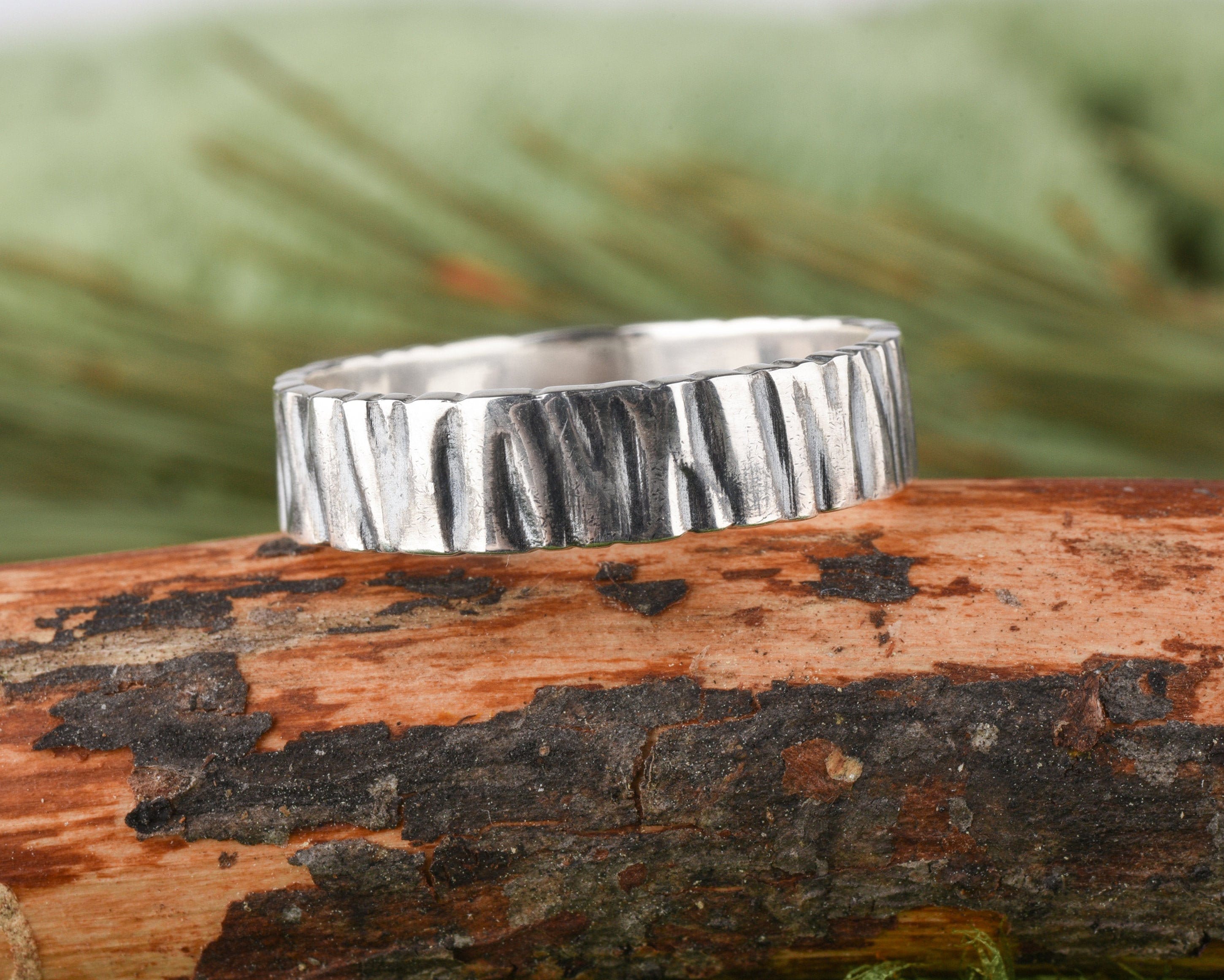 Tree bark silver ring textured minimal band woodland & Etsy