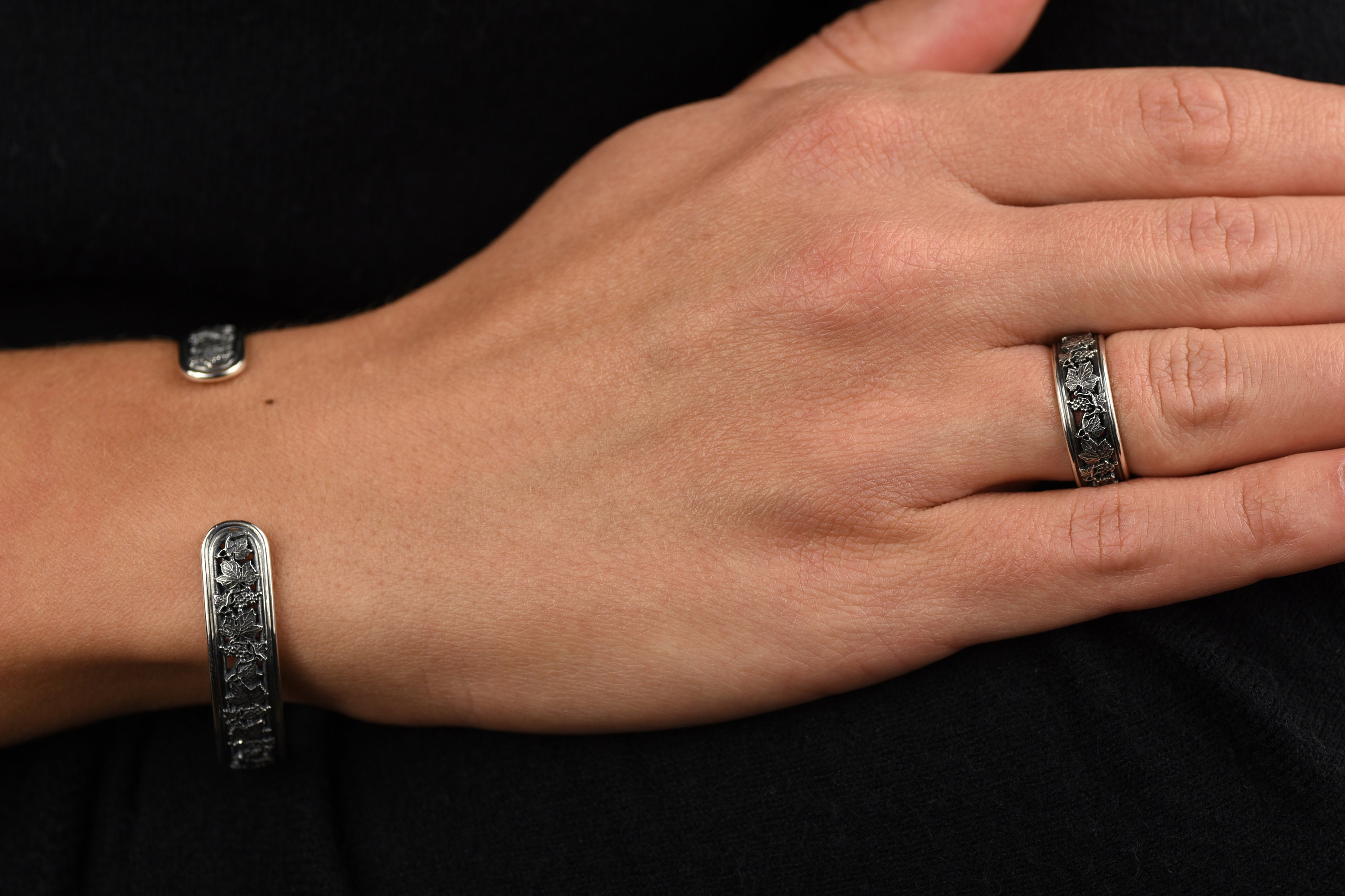 スターリングシルバー フローラル カフブレスレット - ヴィンテージ