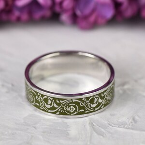 spring flower enamel ring medieval mens promise ring mens celtic ring Unique silver wedding band viking silver ring green