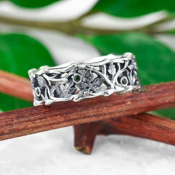 Natural emerald silver leaf wedding ring, tree branch ring, tree of life ring, sterling silver tree bark ring, emerald twig ring