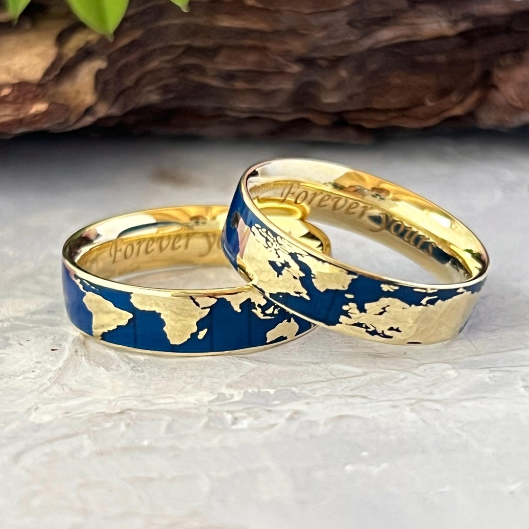Travel Rings Set Matching World Map Wedding Bands | 14K Gold Plated Silver Rings With ...