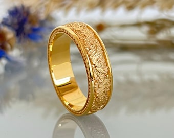 Oak Leaf Ring - Engraved 24k gold-plated sterling silver - Unisex wedding band inspired by nature.