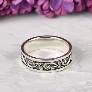 Unusual Silver Ornament Ring, Male Wedding Band Sterling Silver Rings for Women Unisex Ring, Comfort Fit Ring, Sterling Ornament Curved Ring