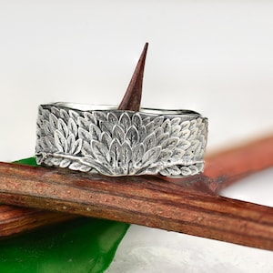 Unique wedding ring, mens sterling silver feather ring, bird feather ring men, chunky silver ring, raven feather ring