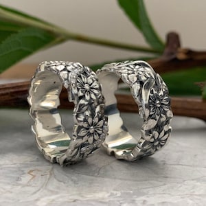 Matching rings  Unique Floral Vintage Wedding Bands  Solid silver rings Silver Ring with  Flower Pattern Silver Ring with  Flower Pattern