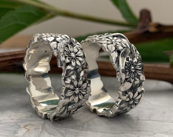 Unique Floral Vintage Wedding Bands  -  Solid silver rings Silver Ring with  Flower Pattern