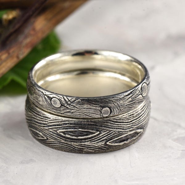 Sterling Silver Wood Grain Couple Rings: Matching Wedding Bands