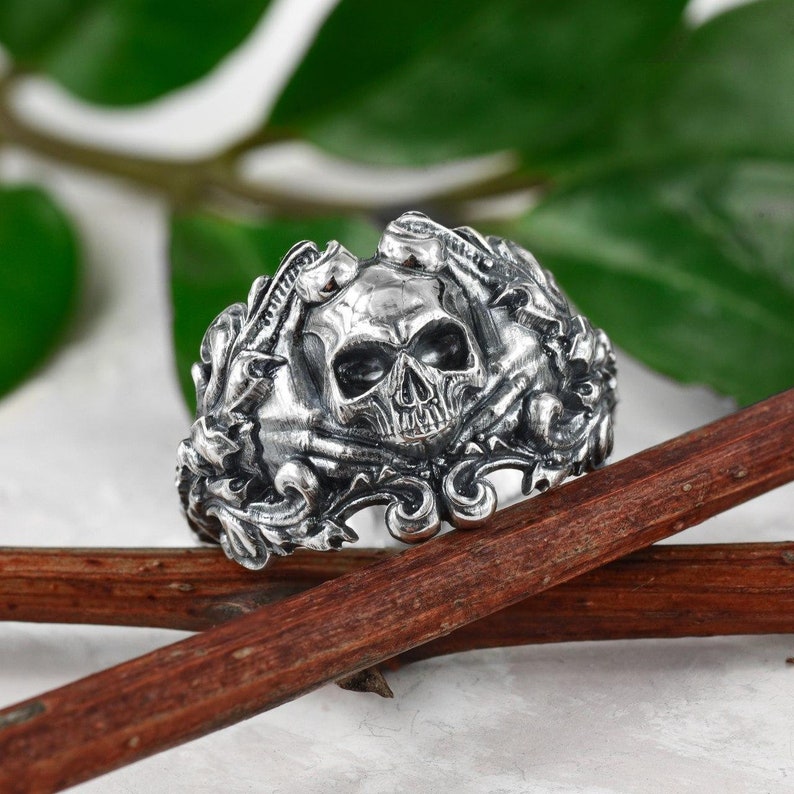 Unique mens pirate skull ring, Sterling silver biker ring, Skeleton pirate ring, pirate jewelry, skull ring for men image 1