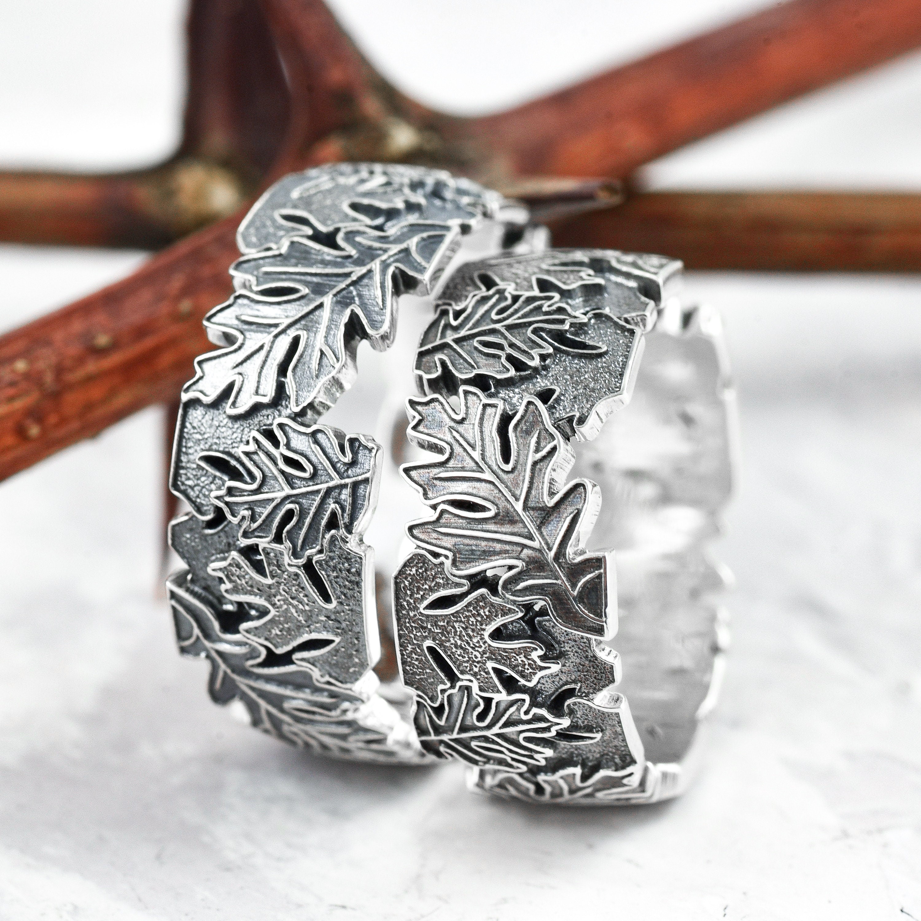 Nature wedding rings, couple rings, leaf wedding bands, nature inspired ring set, oak leaf ring, mens wedding band silver