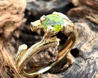 Peridot Engagement Ring, Nature Inspired Silver Ring