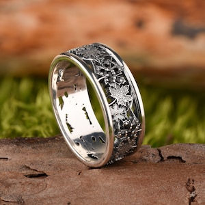Sterling Silber Blatt Ring , Eheringe mit schwarzen Steinen, schwarze Bandring Frauen, schwarze Zirkonia Ahorn Ring