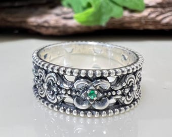Vintage Emerald Band for Weddings - Unique His and Hers Ring in Medieval Style