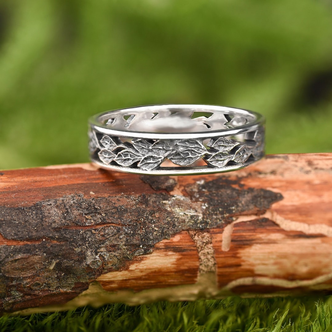 Men's Rings Leaf Pattern Leaf Matching Mens Wedding Nature Inspired Band or Engagement Sterling ...