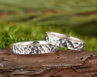 Hammered Matching His And Hers Wedding Bands, Sterling Silver Couples Ring Set 6 mm