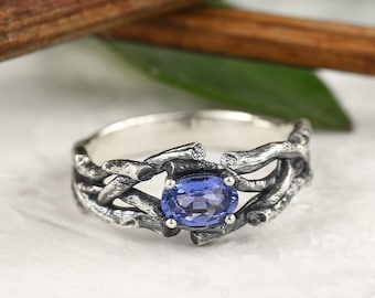 Vintage sterling silver sapphire statement twig ring, engagement vine ring, tree branch forest nature theme anniversary or birthday gift