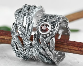 Tree Wedding Band Set His and Hers, Sterling Silver Garnet Wood Rings