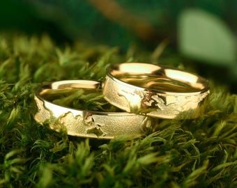 Set di anelli con mappa del mondo in argento placcato oro - Anelli di coppia coordinati per lui e per lei