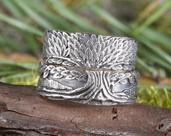 Sterling Silver Tree of Life Wedding Band Set: Matching Twig Rings