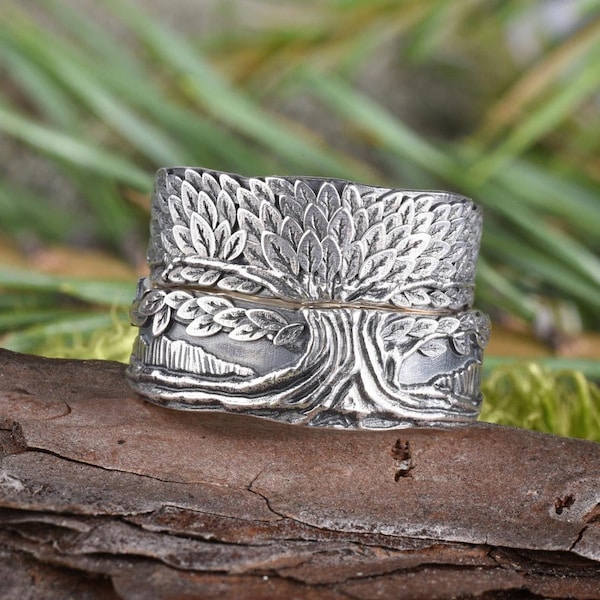 Sterling Silver Tree of Life Wedding Band Set: Matching Twig Rings