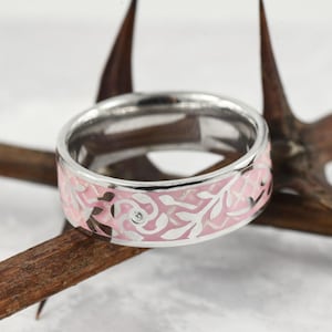 pink enamel ring, gemstone ring sterling silver, nature wedding ring, cubic zirconia ring