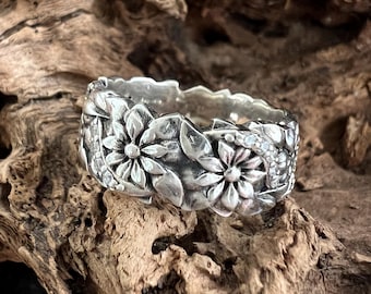 Sterling Silver Floral Wedding Band, Cubic Zirconia Accent, Handmade Ring