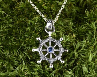 Steering wheel silver statement necklace, Sterling silver pendant with blue sapphire