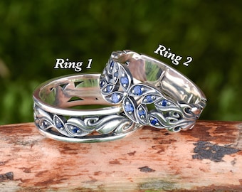 Sapphire Sterling Silver Wedding Band Set, Fantasy Promise Rings