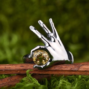 Anillo de citrino en plata de ley, Anillo boho negro Steampunk, Anillo de bodas citrino, Banda cúbica de zirconia