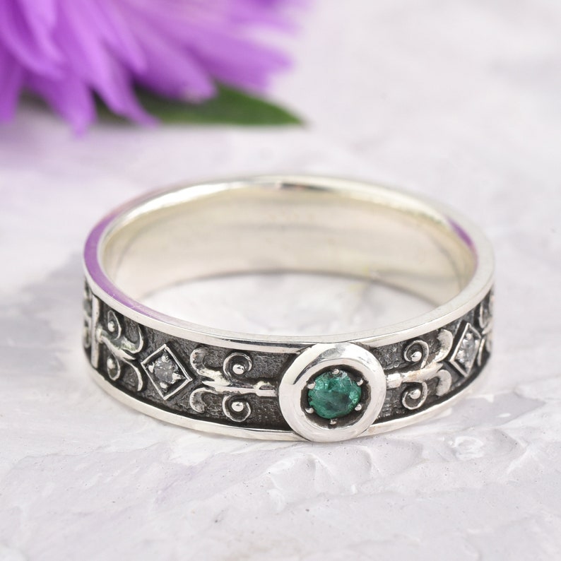 Genuine Emerald Ring Unique Wedding Band Women Silver