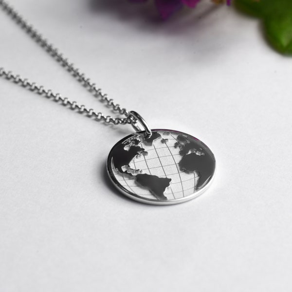 Silver coin chain necklace, 925 silver disc necklace, Globe pendant necklace for her, World necklace, Bestfriend birthday gift