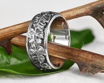 nature wedding ring leaf, promise ring for him, unique sterling silver leaf vine ring, sterling silver filigree ring