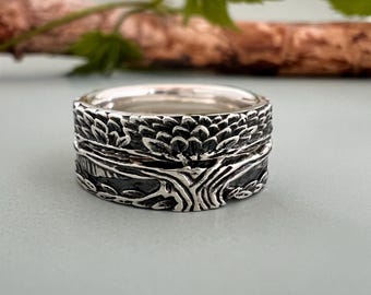 Unique matching wedding bands, Tree of life rings sterling silver, Engraved  nature ring